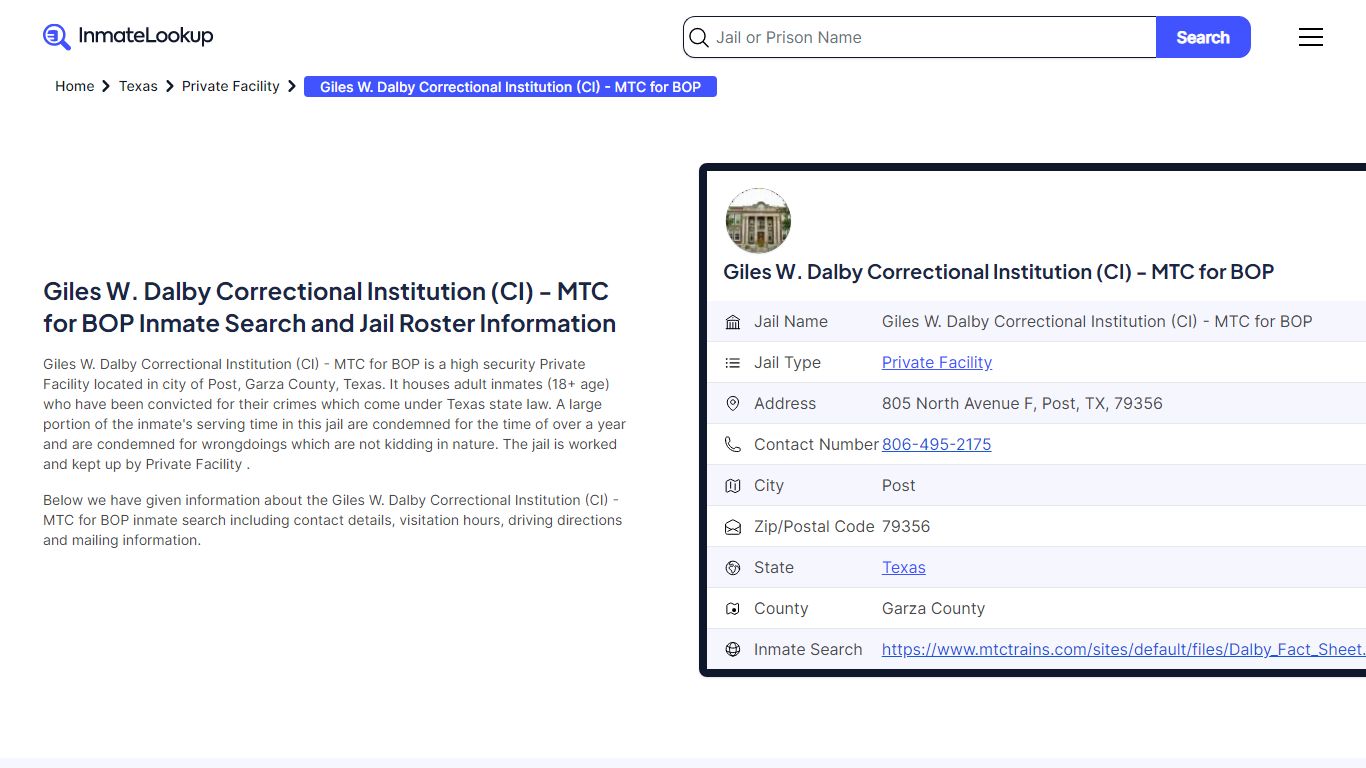 Giles W. Dalby Correctional Institution (CI) - Inmate Lookup